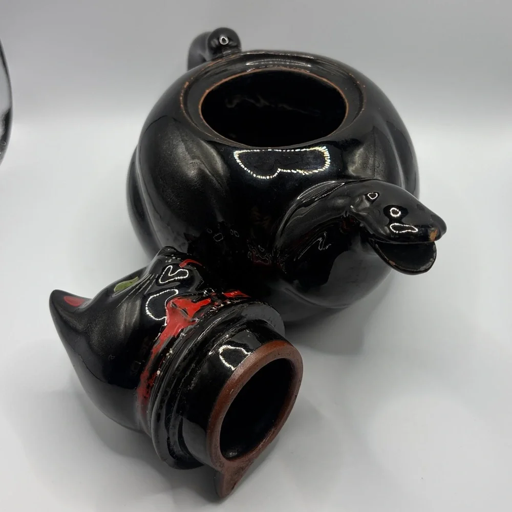 Shafford Redware Vintage Hand Painted Black Cat Kitsch Pottery Teapot, Lidded